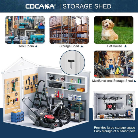 8x6 Ft Resin Storage Shed With Floor, Waterproof Outdoor Tool Shed, Lockable Door And Two Windows, showcasing interior storage for tools and equipment.