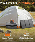 Portable Power Station 120W With 97.6Wh Battery AC Outlet USB C And USB A Ports 12V DC near tent with solar panel