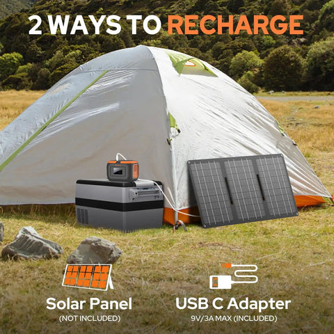 Portable Power Station 120W With 97.6Wh Battery AC Outlet USB C And USB A Ports 12V DC near tent with solar panel