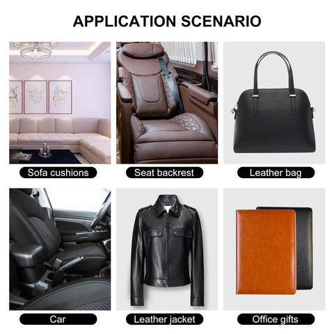 Image showing various uses for a leather repair patch: sofa cushions, seat backrest, leather bag, car, leather jacket, office gifts.
