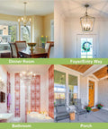 Collage of rooms with chandeliers and ceiling lights featuring dimmable LED candelabra bulbs in various home decor styles