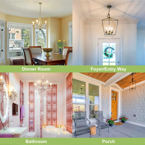 Collage of rooms with chandeliers and ceiling lights featuring dimmable LED candelabra bulbs in various home decor styles