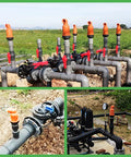 Irrigation setup with air relief valve for irrigation systems, vacuum and air release NPT threaded interface, dual exhaust ports