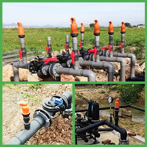 Irrigation setup with air relief valve for irrigation systems, vacuum and air release NPT threaded interface, dual exhaust ports