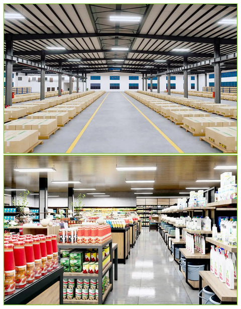 Premium Led Linear High Bay Light Packing Kickin Sixty Thousand Lumens Of Rock Solid Commercial Shop Illumination For Warehouses And Garages Featuring Adjustable Wattage Levels And Tough ETL Industrial Build Quality in a spacious warehouse with boxes.