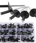Large Flange Aluminum Blind Rivets Kit With Case 220 Piece Assortment Including Seven Sizes 1/8 5/32 And 3/16 Inch Black Rivets For Pro Grade Heavy Duty Riveting In Automotive Marine And DIY Projects, showing rivets and case.