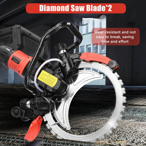 Pro Rigged Heavy Duty 9500 Watt Electric Concrete Ring Saw with diamond saw blade and integrated spray system.