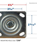 Top view of swivel plate for 8 Inch Pneumatic Caster Wheel With Swivel Plate And Ball Bearing Steel Hub Five Eighths Inch Bore 220 Pound Load Capacity 4 Inch Wide By 8 Inch Diameter Tire Ideal For Indoor And Outdoor Use showing measurements.