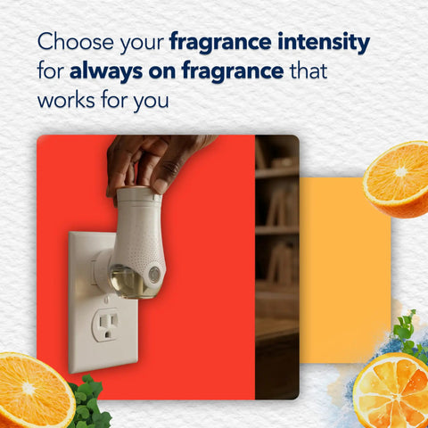 Hand inserting Coastal Sunshine Citrus PlugIns Air Freshener Starter Kit With 1 Warmer And 1 Refill into wall outlet