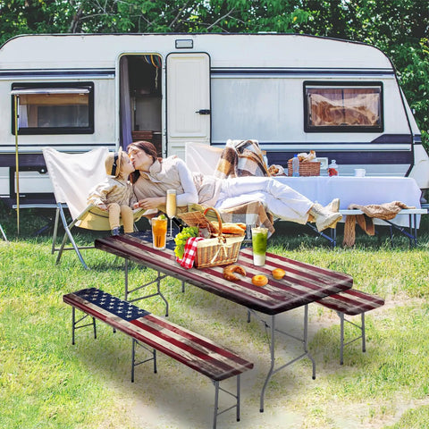 Picnic Table Cover Set With Bench Covers For 6 Ft Tables, No Fuss Fitted, Waterproof And Oilproof With Elastic Edge, Retro American Flag