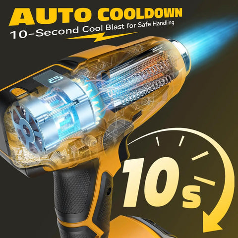 Cordless Heat Gun 20V Battery Compatible, High Power 260W Hot Air Tool with digital display showing 10-second cool down feature.