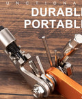 Portable Bicycle Repair Multi Tool With Chain Tool Torx Hex And Screwdriver For Road And Mountain Bikes Lightweight Compact On The Go Emergency Maintenance Kit In Bright Orange on wooden surface