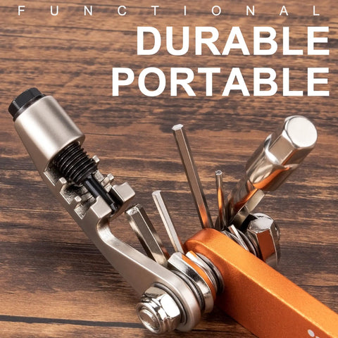 Portable Bicycle Repair Multi Tool With Chain Tool Torx Hex And Screwdriver For Road And Mountain Bikes Lightweight Compact On The Go Emergency Maintenance Kit In Bright Orange on wooden surface