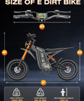 Dimensions and features of High Power Electric Dirt Bike With 5500W Peak And 40 MPH Top Speed, 60V 30Ah Battery, hydraulic brakes.