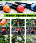 Effortless 100 Foot Drip Irrigation System Kit with 30 adjustable nozzles showing closed, medium, and large spray settings