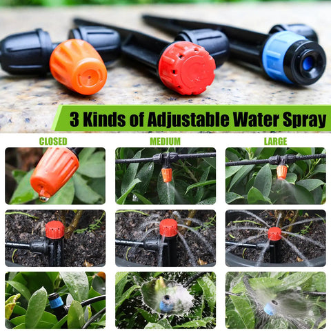 Effortless 100 Foot Drip Irrigation System Kit with 30 adjustable nozzles showing closed, medium, and large spray settings