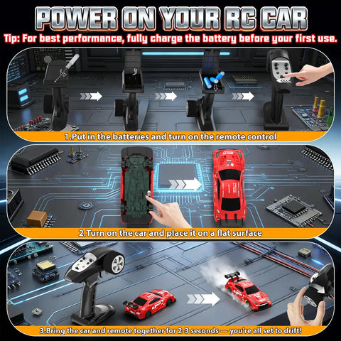 Instructions for using 1 to 43 Scale Mini RC Drift Car With Gyro, remote control setup, car placement on flat surface, connect for drift.