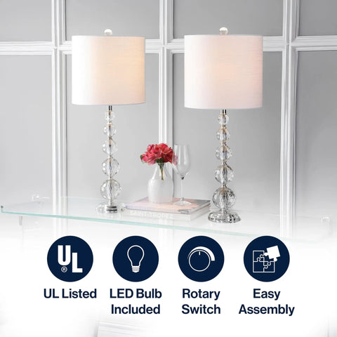 Clear Crystal Faceted Orb Table Lamps Set of 2, Dope Modern Glam Chrome Bedside Lamps With White Linen Drum Shades, UL Listed