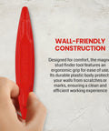 (4-Pack) Calvana Magnetic Stud Finder Wall Scanner being held, showcasing its wall-friendly construction in red.