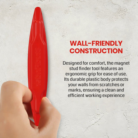 (4-Pack) Calvana Magnetic Stud Finder Wall Scanner being held, showcasing its wall-friendly construction in red.