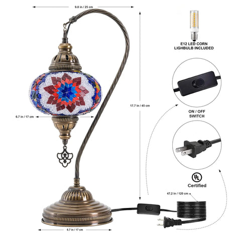 Turkish Mosaic Table Lamp With Built In LED Bulb Hand Cut Glass Mosaics Moroccan Gooseneck Design Tall 45 Cm Lit Accent Light For Living Room Handmade In Turkey with plug and switch details