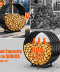 Illustration of 32 Inch Firewood Hoop Rack with Rustproof Cover showing 500 lb capacity and improved log organization outdoors.
