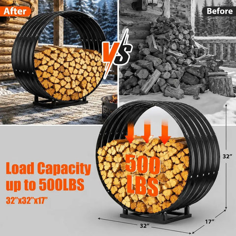 Illustration of 32 Inch Firewood Hoop Rack with Rustproof Cover showing 500 lb capacity and improved log organization outdoors.