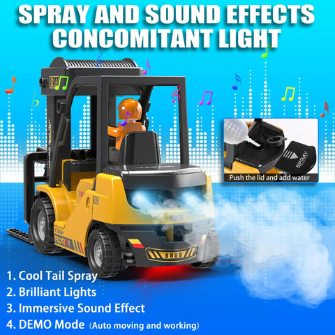 2 In 1 RC Forklift Toy With Transforming Lift And Hook Crane 11 Channel Remote Control Vehicle spraying and lighting up