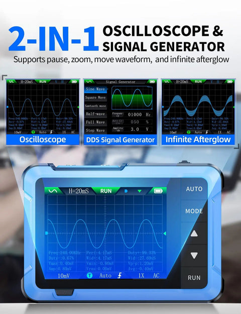 Close-up of Dope 2 In 1 Handheld Oscilloscope And DDS Signal Generator Portable 10 MHz Bandwidth with 2.8-inch LCD display
