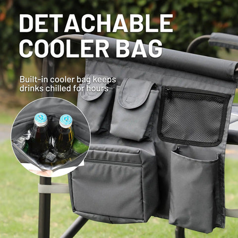 Detachable pocket on oversized directors chair with foldable side table and 600 lbs capacity in gray, showing built-in cooler bag.