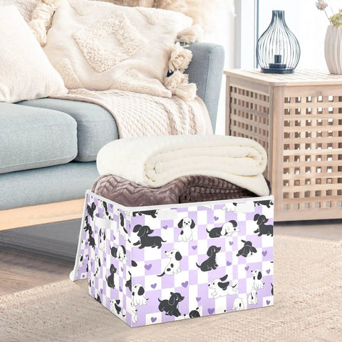 Heavy Duty Foldable Storage Bin With Secure Flip Top Lid And Sturdy Handles For Bedroom Organization Closet Decluttering in purple puppy design.