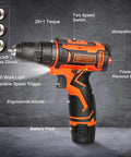 Side view of 12V Cordless Drill Driver Kit With Three Eighths Inch Keyless Chuck Battery Drill Set With Two Speed Variable 43 Piece Drill Bit And Accessory Kit For Home DIY Projects