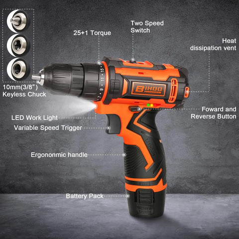Side view of 12V Cordless Drill Driver Kit With Three Eighths Inch Keyless Chuck Battery Drill Set With Two Speed Variable 43 Piece Drill Bit And Accessory Kit For Home DIY Projects