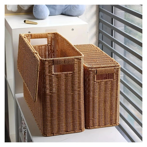 Tall Narrow Rattan Storage Bin With Lid Slick Vertical Woven Organizer For Living Room Cabinet Shelf And Pantry displayed on a white shelf.