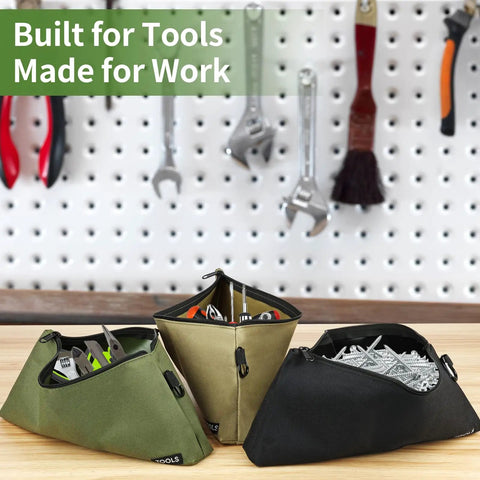 3 Pack Premium Tool Pouches With Zippers And Carabiners 10 Inch Flat Bottom Pouches For Tools Stationery And Pencils Heavy Duty Multipurpose Storage Organizer Bags In Tan Navy Green Black displayed open on a workbench with tools.