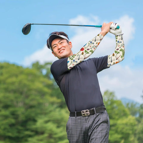 Man golfing wearing Dragonfly Floral Gardening Sleeves With Sun Protection For Women And Men, Cooling Arm Covers 19 Inch