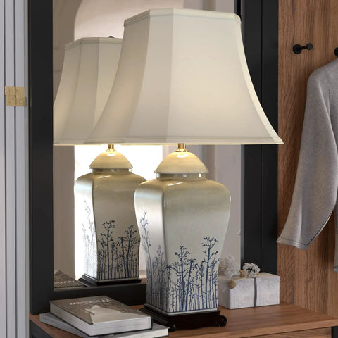 Blue And White Spring Forest Porcelain Vase Lamp Hand Crafted Chinese Porcelain With Hand Painted Winter Trees And Birds Includes Fabric Shade