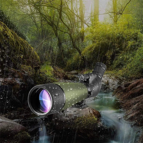 Go To 20 To 60x80 HD Spotting Scope With Tripod And Carrying Case in rain-soaked forest, emphasizing waterproof feature