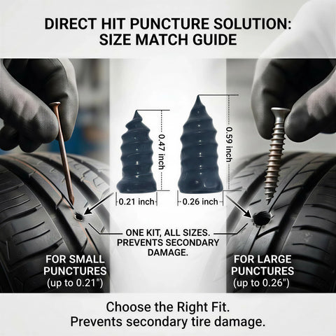 Emergency Tire Repair Screws For Tubeless Tires Quick Plug Kit size guide showing dual-size screws for different punctures.