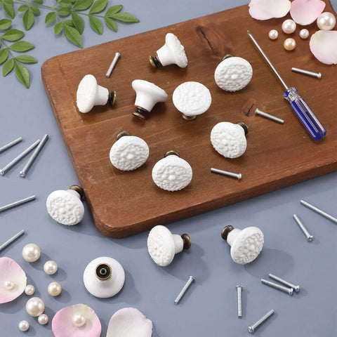 White Ceramic Cabinet Knobs Set With 12 Dope Retro Round Dresser Pulls, Includes Mounting Screws In Two Sizes And A Handy Screwdriver