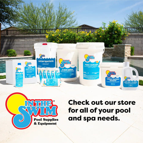 Pool supplies and chemicals on patio with logo "In The Swim" next to a garden
