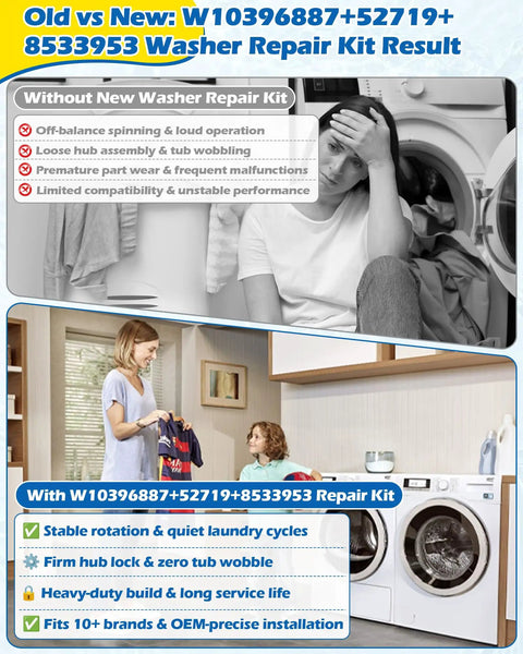 Washer Basket Driven Hub All In One Replacement Kit With Vibration Reducing Bushing And Mounting Screws Easy Install Durable Parts Replaces AP5665171 PS6012095 W10396887 W10528947 Fits Whirlpool Maytag Kenmore on washer repair comparison graphic
