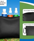 Golf Valuables Pouch With Zipper, Compact Durable Organizer For Tees Balls Divot Tools and Valuables, Premium Faux Leather Case With Metal Carabiner, Water Resistant Golf Accessories Bag For On Course Quick Access, shown with bottles inside and details of zipper and carabiner clip.