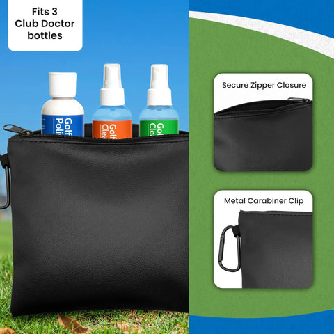 Golf Valuables Pouch With Zipper, Compact Durable Organizer For Tees Balls Divot Tools and Valuables, Premium Faux Leather Case With Metal Carabiner, Water Resistant Golf Accessories Bag For On Course Quick Access, shown with bottles inside and details of zipper and carabiner clip.