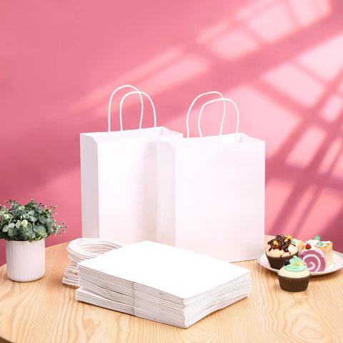 White Kraft Paper Gift Bags With Handles Pack Of 25 Medium 8 By 4.5 By 10 Inches Tough Durable Recyclable Shopping Bags