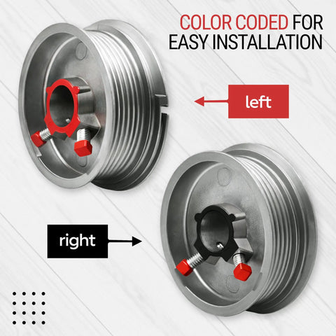 Garage Door Cable Drum Set for Standard Lift Aluminum Construction Heavy Duty 530 Lb Capacity Fits Up To 8 Ft Doors Replacement Parts for Smooth Balanced Operation, color-coded left and right drums