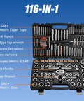 Front view of Anfrere 116-in-1 tap and die set in a black case with SAE and metric taps and dies