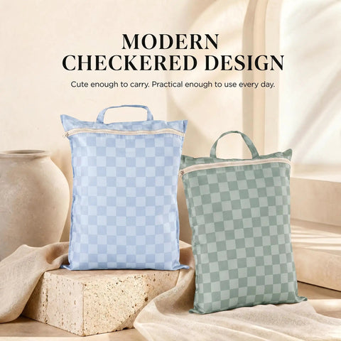 Two Pack Large Wet Dry Bags For Swimwear And Laundry, Waterproof Travel Organizer, cute checkered design, two bags displayed.