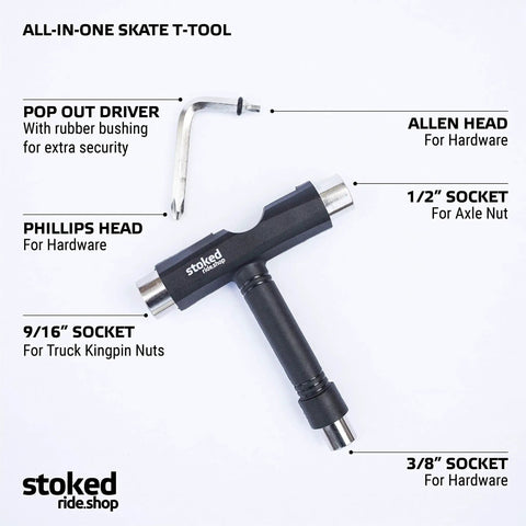 All-in-one skate T-tool with pop out driver, sockets, and Phillips head for Reds Bearings 608 set with Dragon Spacers.