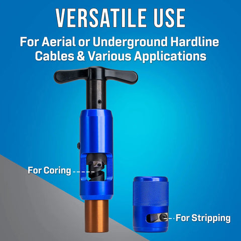 Hardline Coring And Stripping Tool Kit For 860QR Cable With 21.84 Mm Core Diameter featuring T handle and blue aluminum body